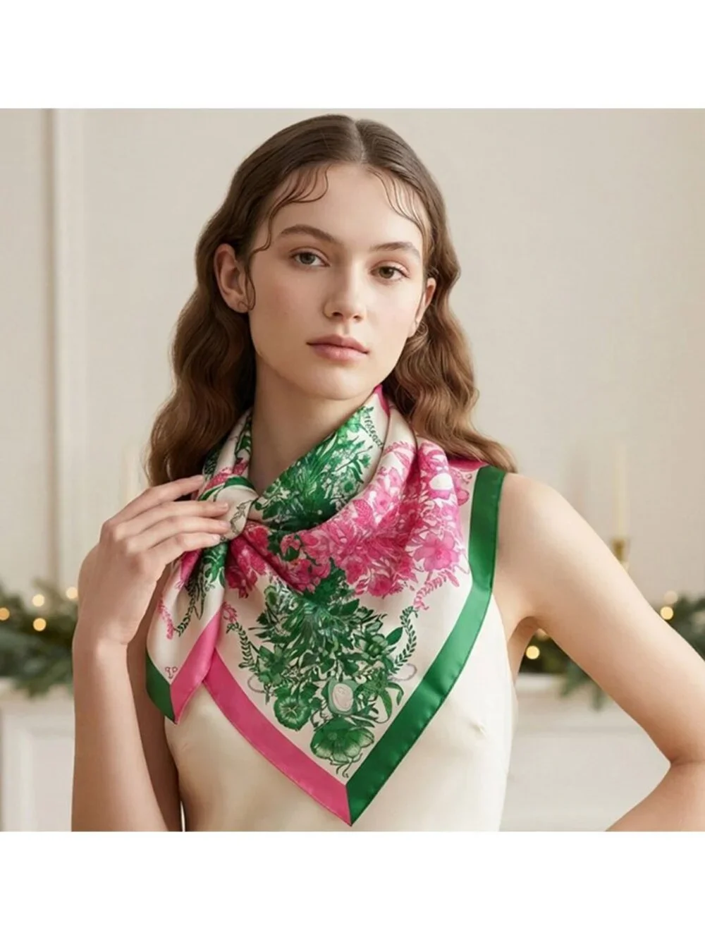 Tigerstars Abstract Pink Green Botanical Floral Pattern Print Square Scarf